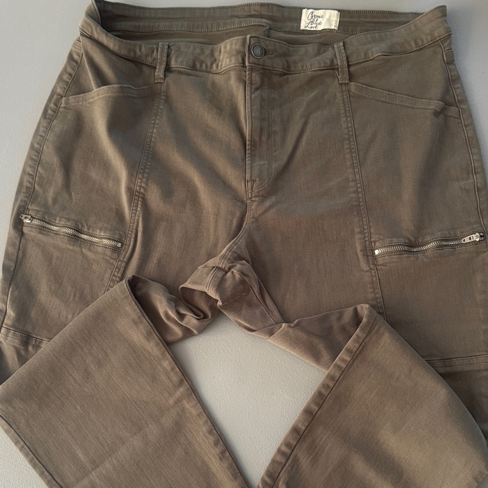 Olive Green Cargo Pants with Zipper Pockets cosmic blue love